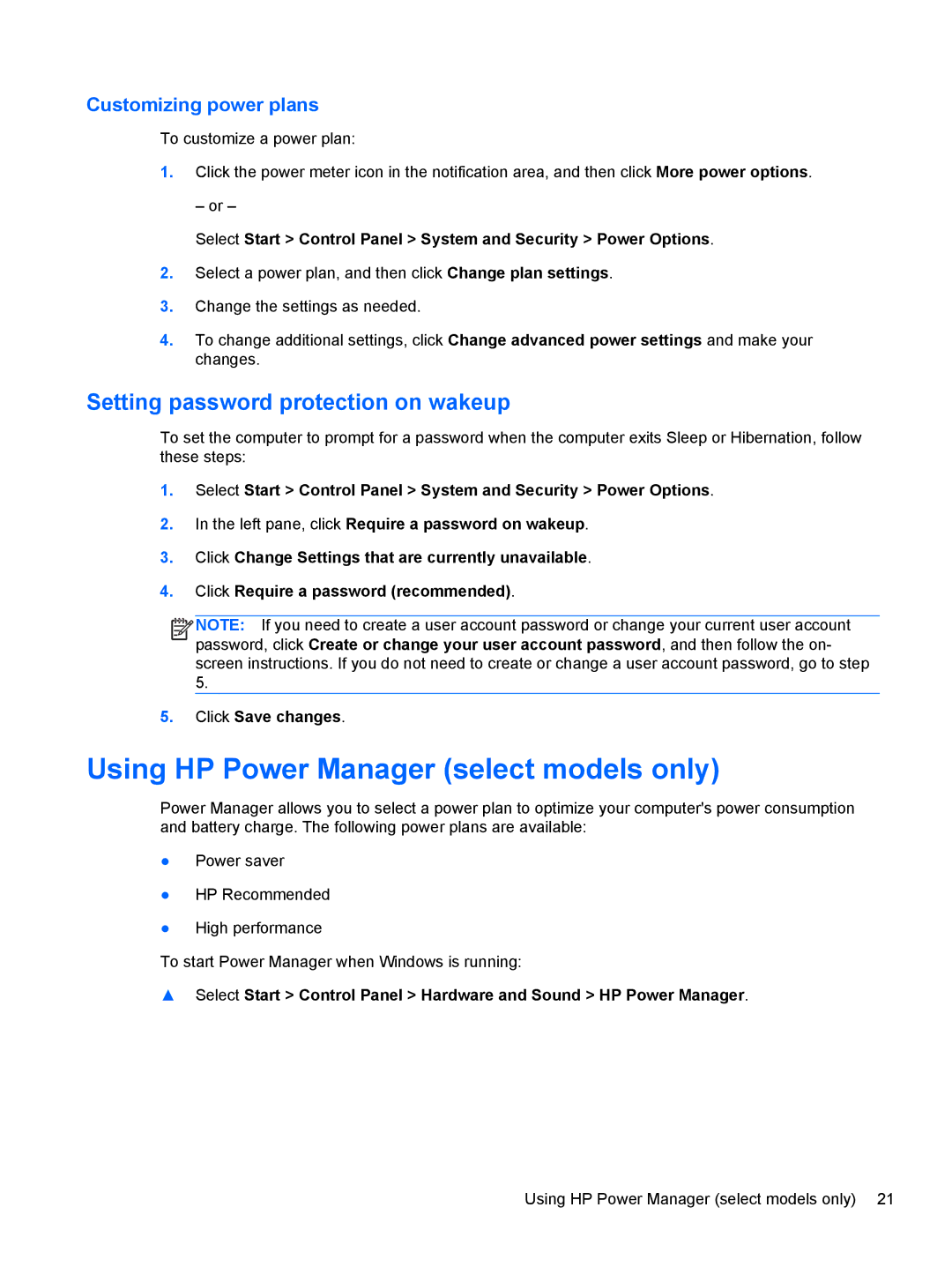 HP CQ57-315NR Using HP Power Manager select models only, Setting password protection on wakeup, Customizing power plans 