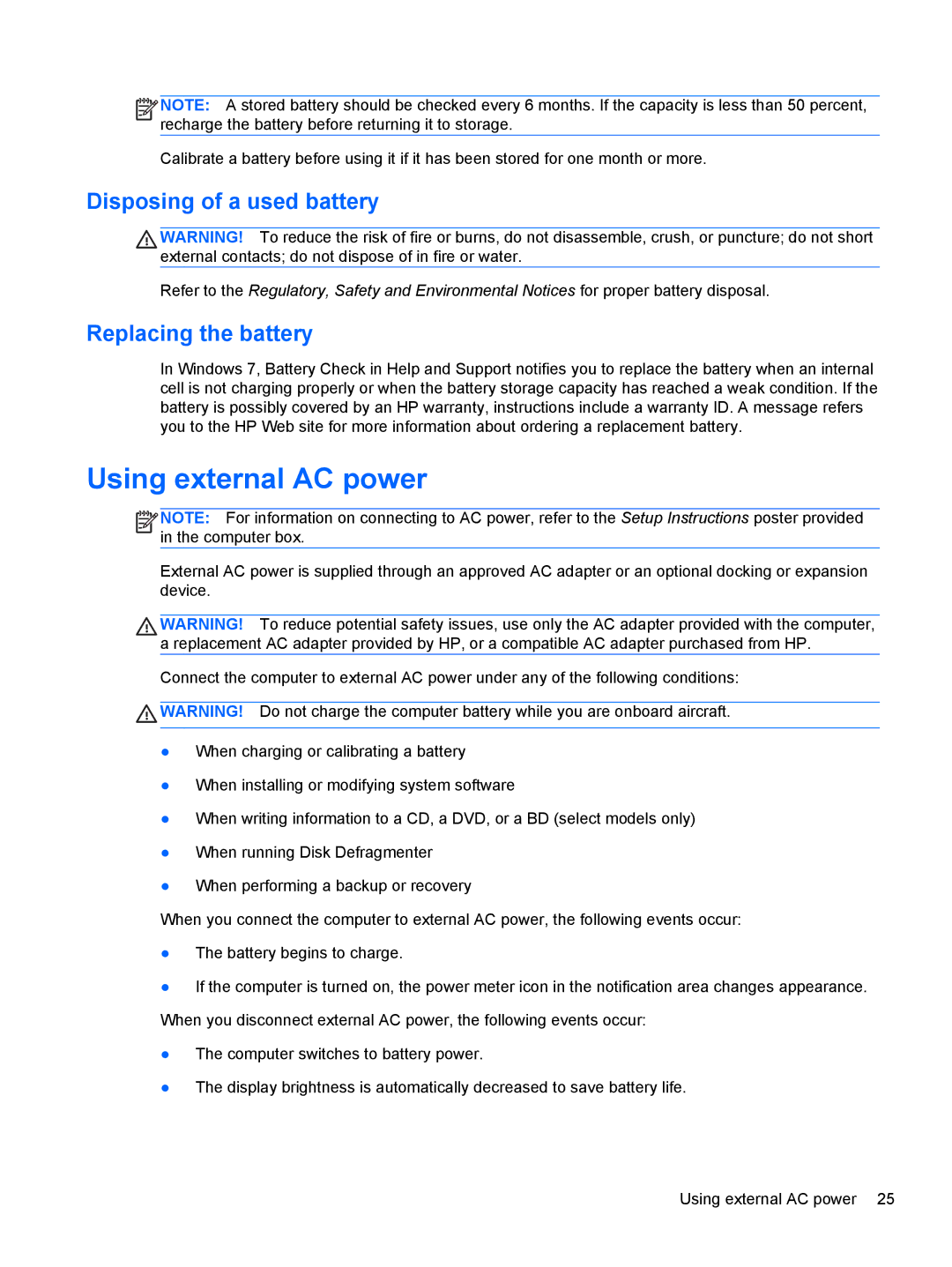 HP CQ57-217NR, CQ57-439WM, CQ57-489CA manual Using external AC power, Disposing of a used battery, Replacing the battery 