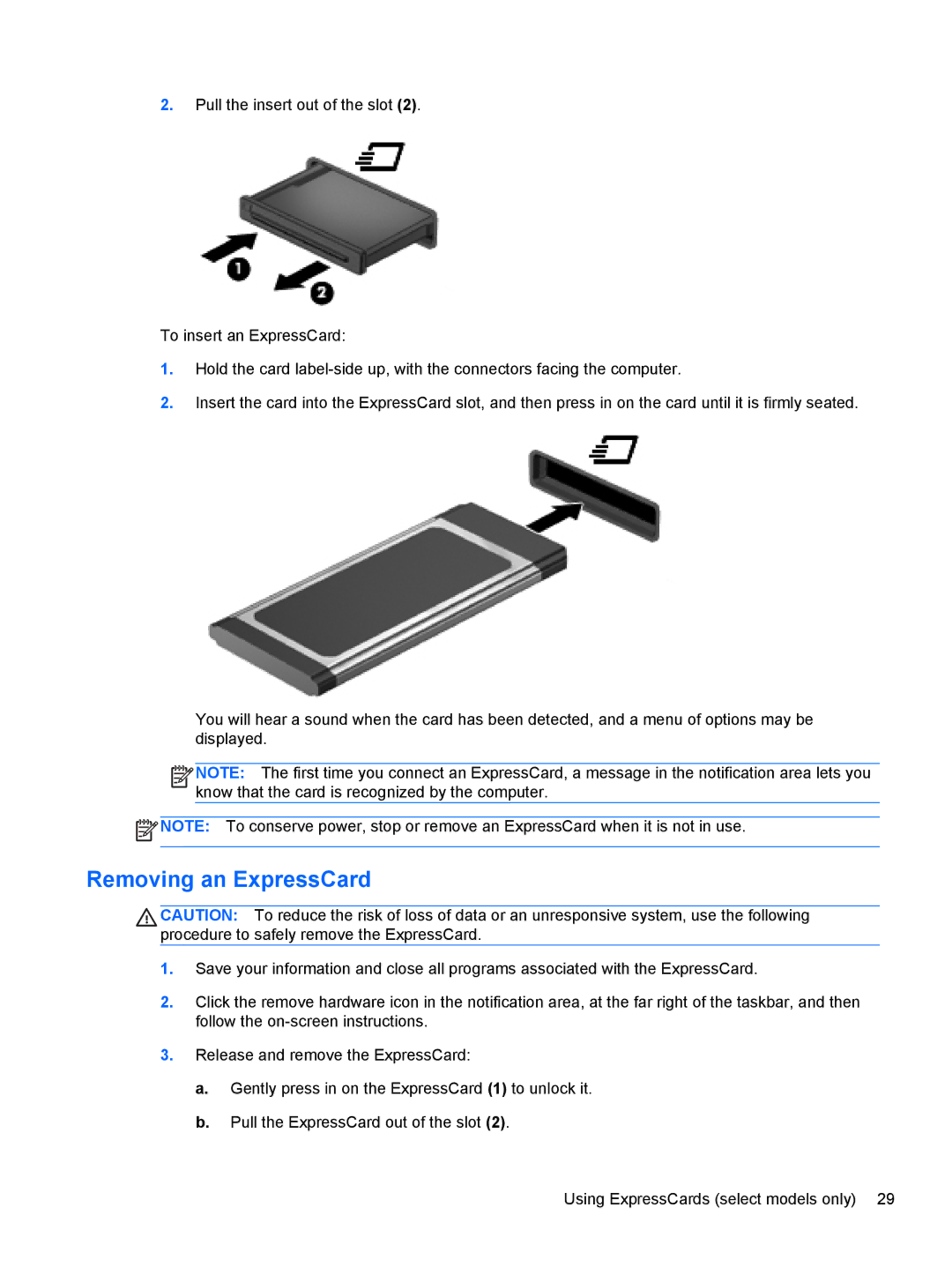 HP CQ57-339WM, CQ57-439WM, CQ57-489CA, CQ57-489WM, CQ57-315NR, CQ57-319WM, CQ57-310US, CQ57-314NR manual Removing an ExpressCard 