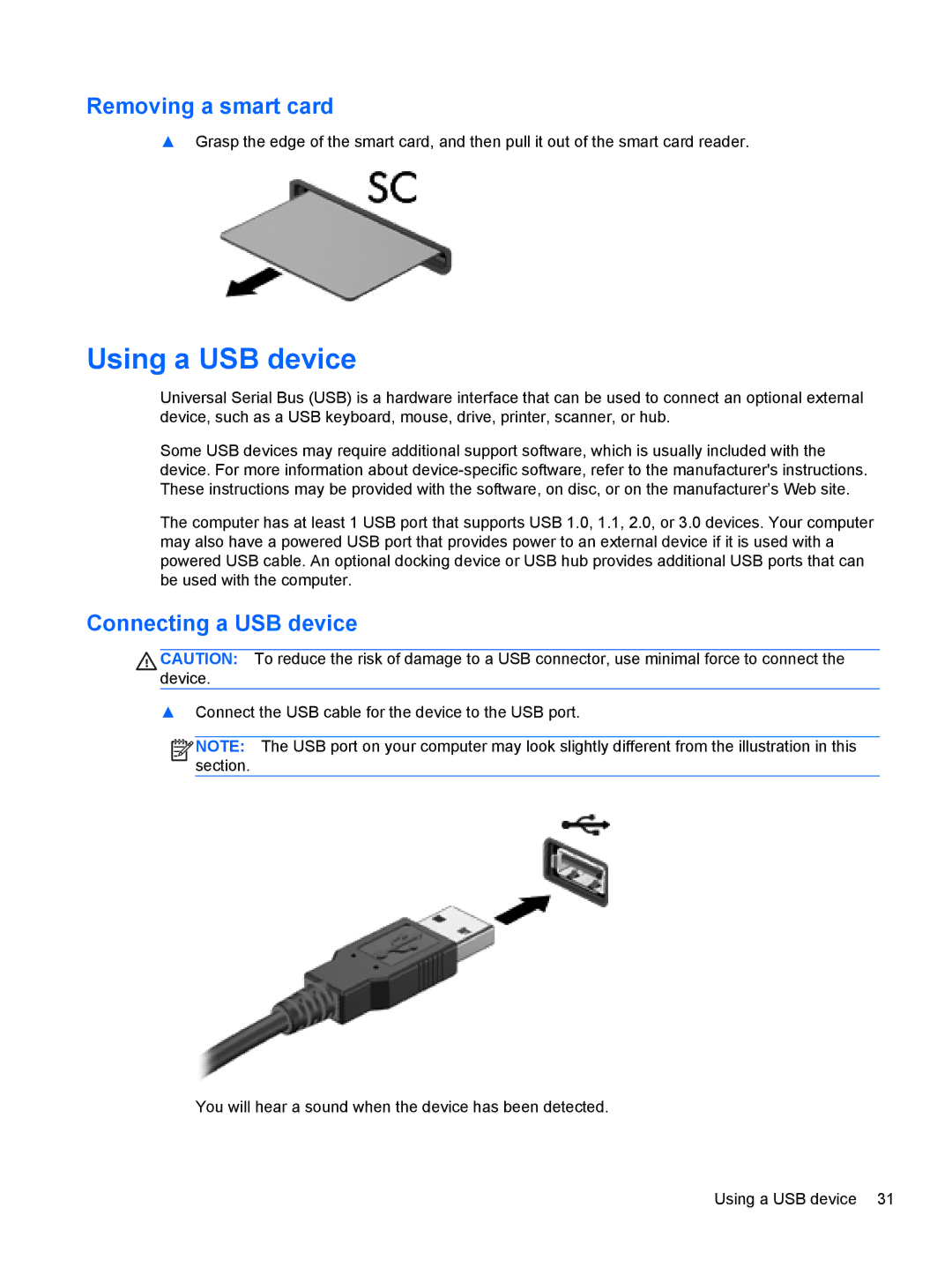 HP CQ57-319WM, CQ57-439WM, CQ57-489CA, CQ57-489WM manual Using a USB device, Removing a smart card, Connecting a USB device 