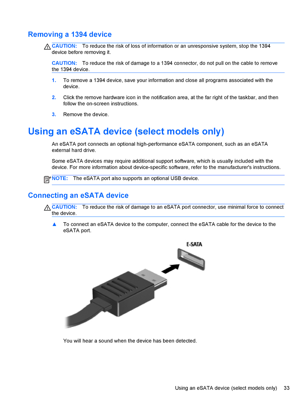 HP CQ57-314NR, CQ57-439WM Using an eSATA device select models only, Removing a 1394 device, Connecting an eSATA device 