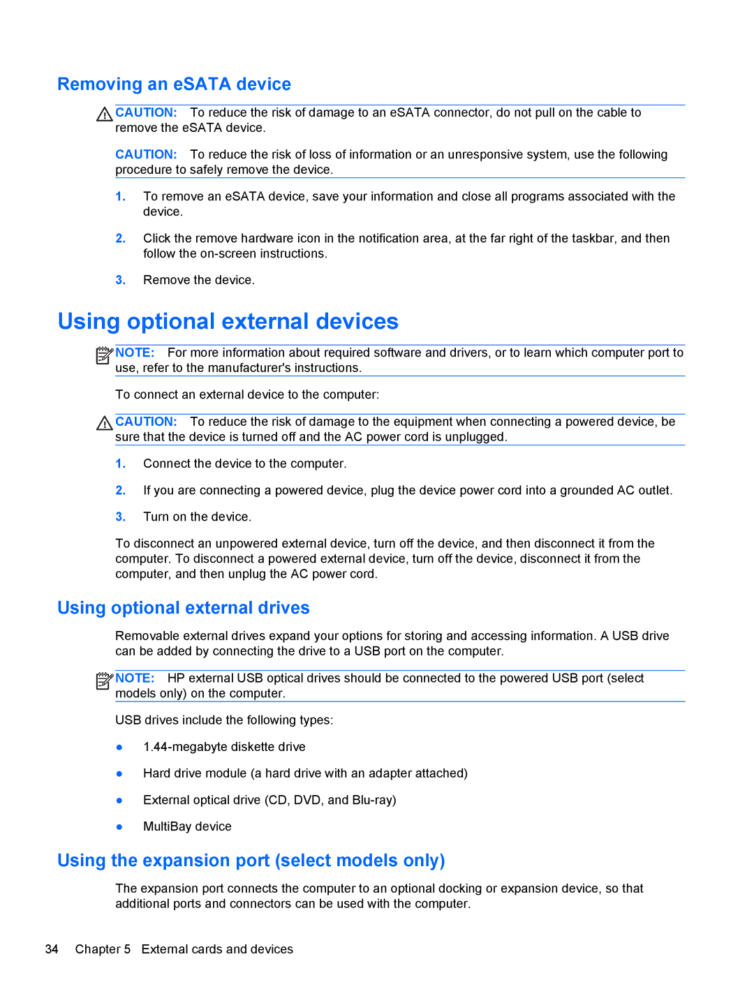 HP CQ57-217NR, CQ57-439WM manual Using optional external devices, Removing an eSATA device, Using optional external drives 