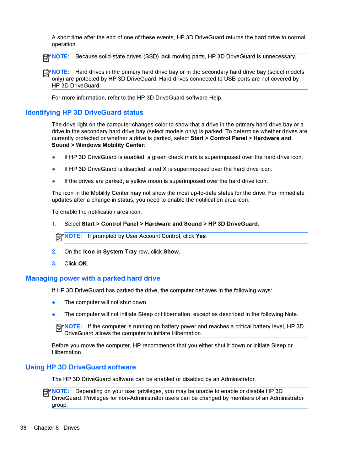 HP CQ57-339WM, CQ57-439WM, CQ57-489CA manual Identifying HP 3D DriveGuard status, Managing power with a parked hard drive 