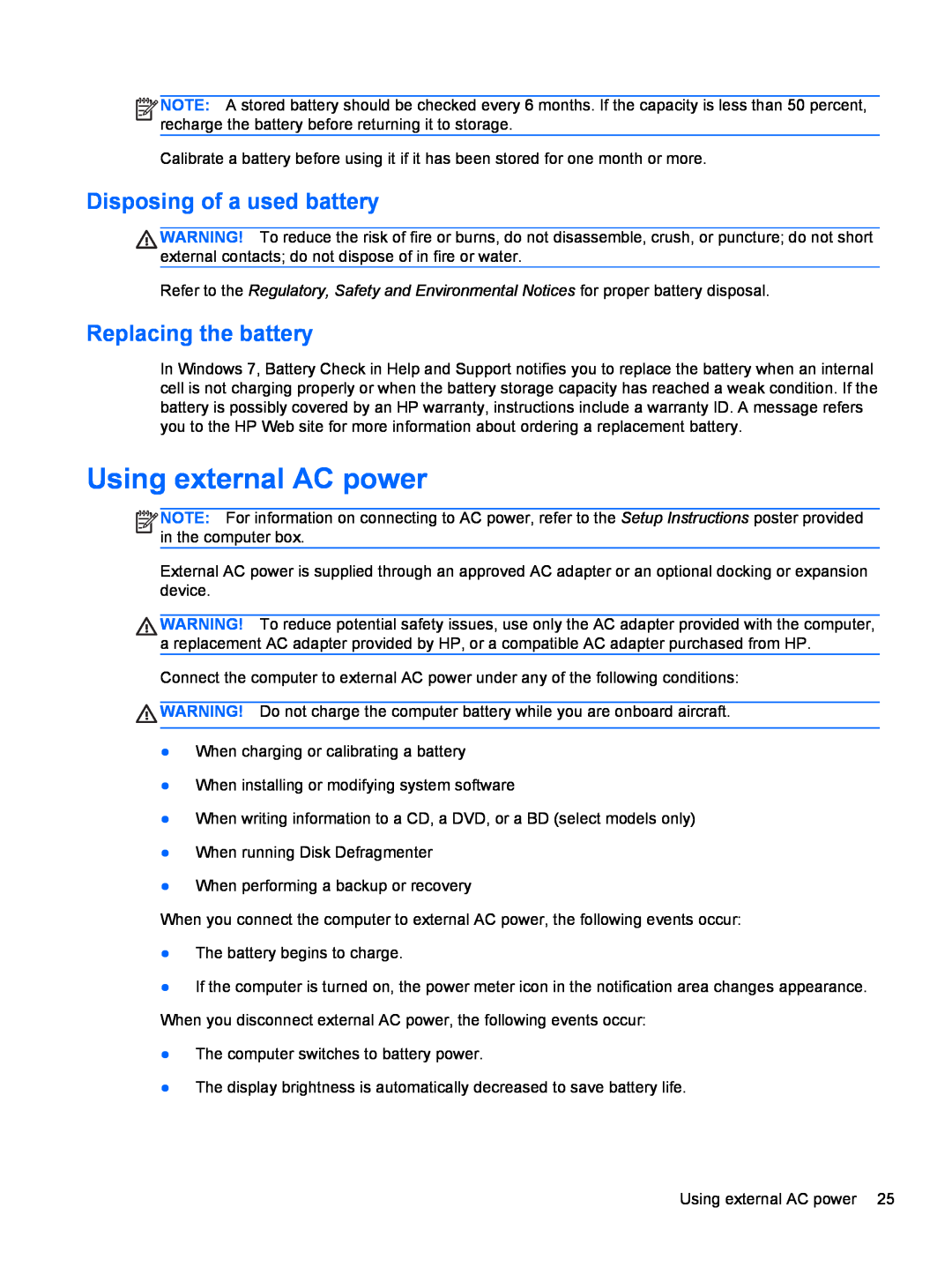 HP CQ57-217NR, CQ57-439WM, CQ57-489CA manual Using external AC power, Disposing of a used battery, Replacing the battery 
