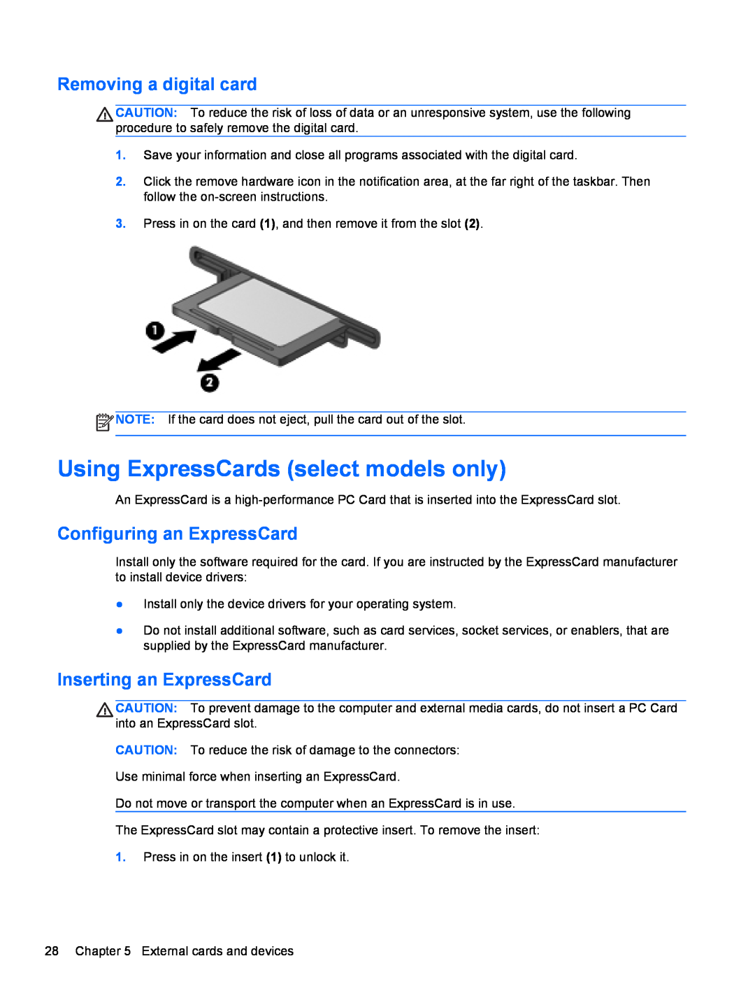 HP CQ57-489WM, CQ57-439WM manual Using ExpressCards select models only, Removing a digital card, Configuring an ExpressCard 
