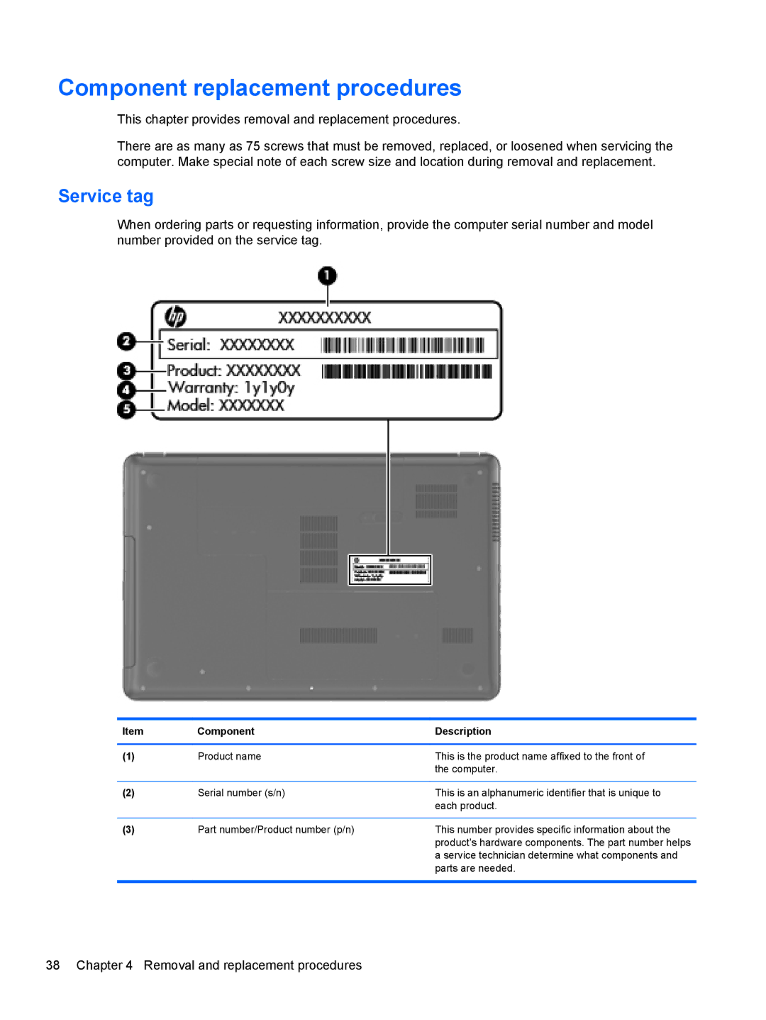 HP CQ57-489WM, CQ57-439WM, CQ57-489CA, CQ57-410US manual Component replacement procedures, Service tag 