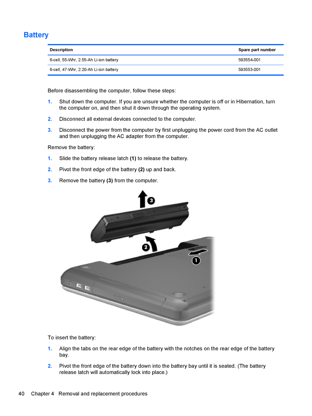 HP CQ57-439WM, CQ57-489CA, CQ57-489WM, CQ57-410US manual Battery, Description Spare part number 