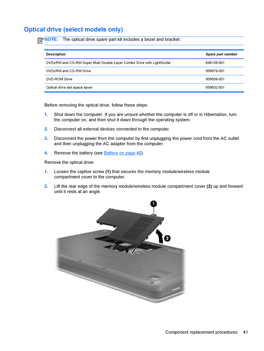 HP CQ57-489CA, CQ57-439WM, CQ57-489WM, CQ57-410US manual Optical drive select models only 