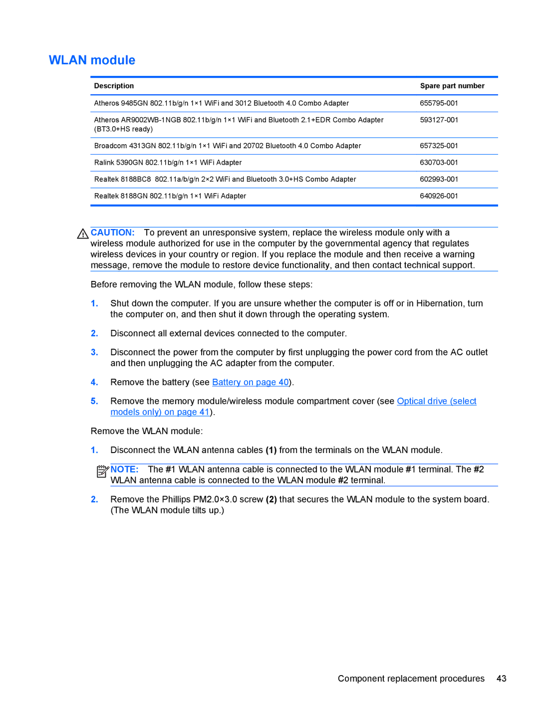 HP CQ57-410US, CQ57-439WM, CQ57-489CA, CQ57-489WM manual Wlan module 