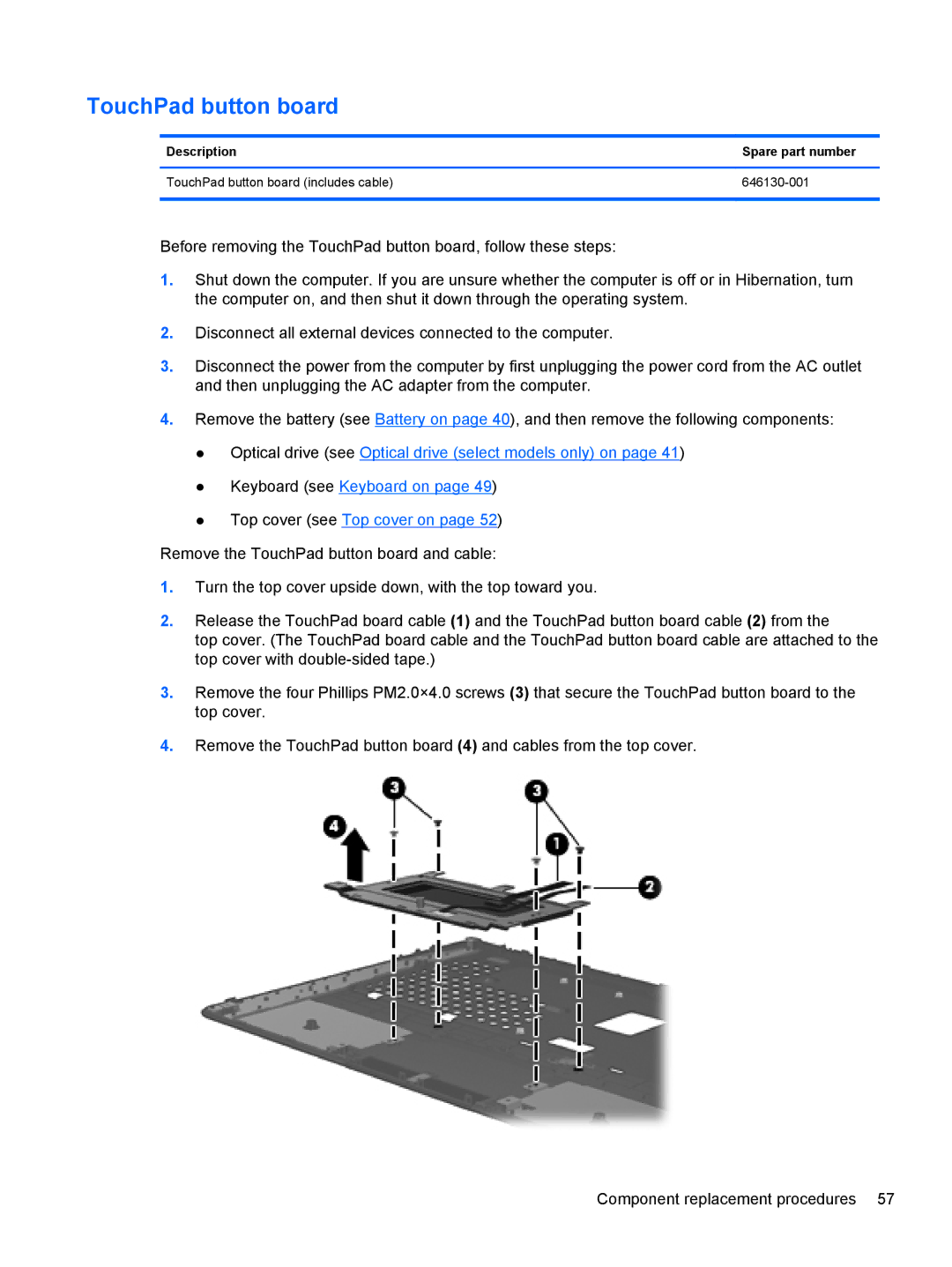 HP CQ57-489CA, CQ57-439WM, CQ57-489WM, CQ57-410US manual TouchPad button board 