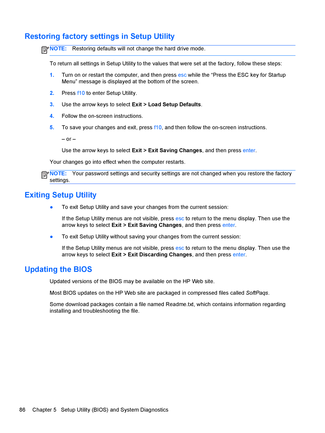 HP CQ57-489WM, CQ57-439WM, CQ57-489CA Restoring factory settings in Setup Utility, Exiting Setup Utility, Updating the Bios 