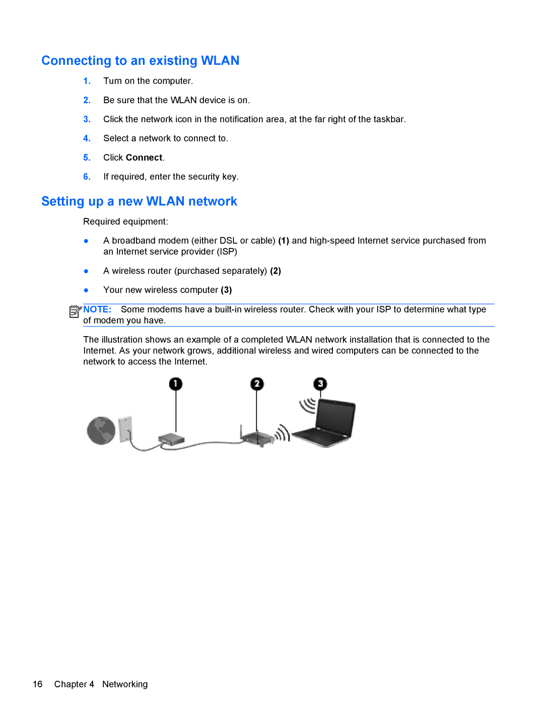 HP CQ57-489WM, CQ57-439WM, CQ57-410US manual Connecting to an existing Wlan, Setting up a new Wlan network 