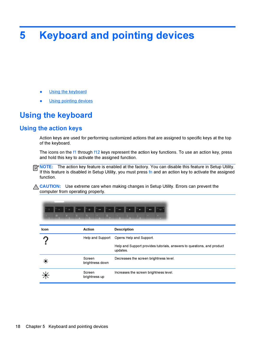 HP CQ57-439WM manual Keyboard and pointing devices, Using the keyboard, Using the action keys, Icon Action Description 