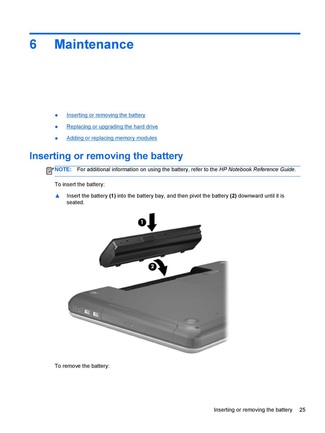 HP CQ57-489WM, CQ57-439WM, CQ57-410US manual Maintenance, Inserting or removing the battery 