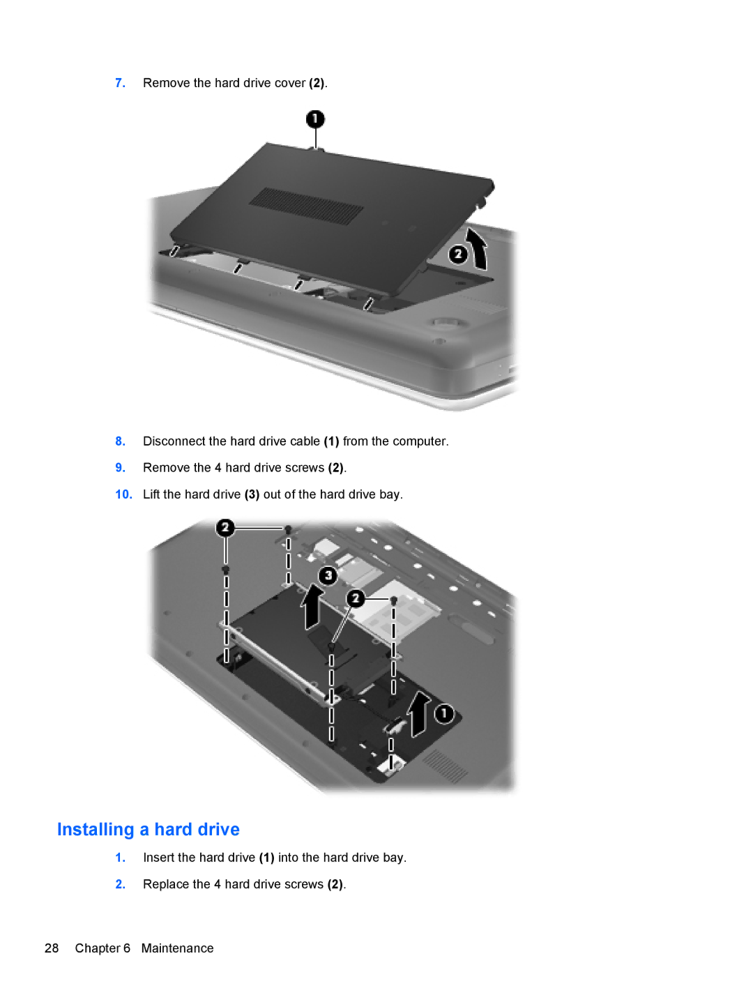 HP CQ57-489WM, CQ57-439WM, CQ57-410US manual Installing a hard drive 