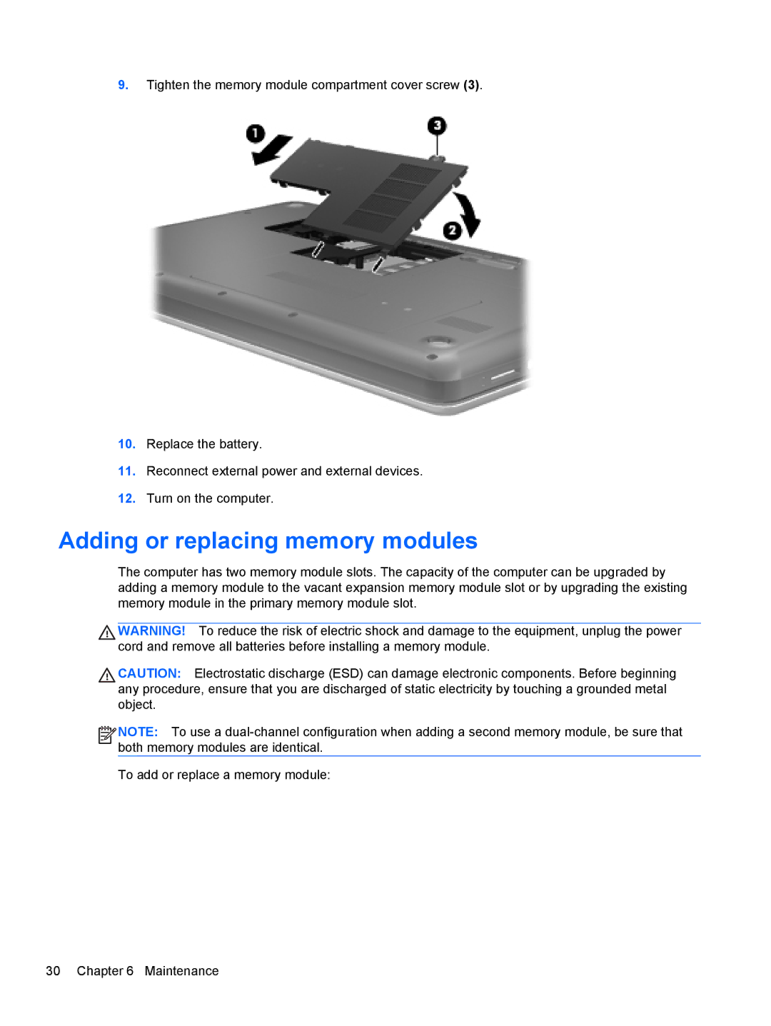 HP CQ57-439WM, CQ57-489WM, CQ57-410US manual Adding or replacing memory modules 