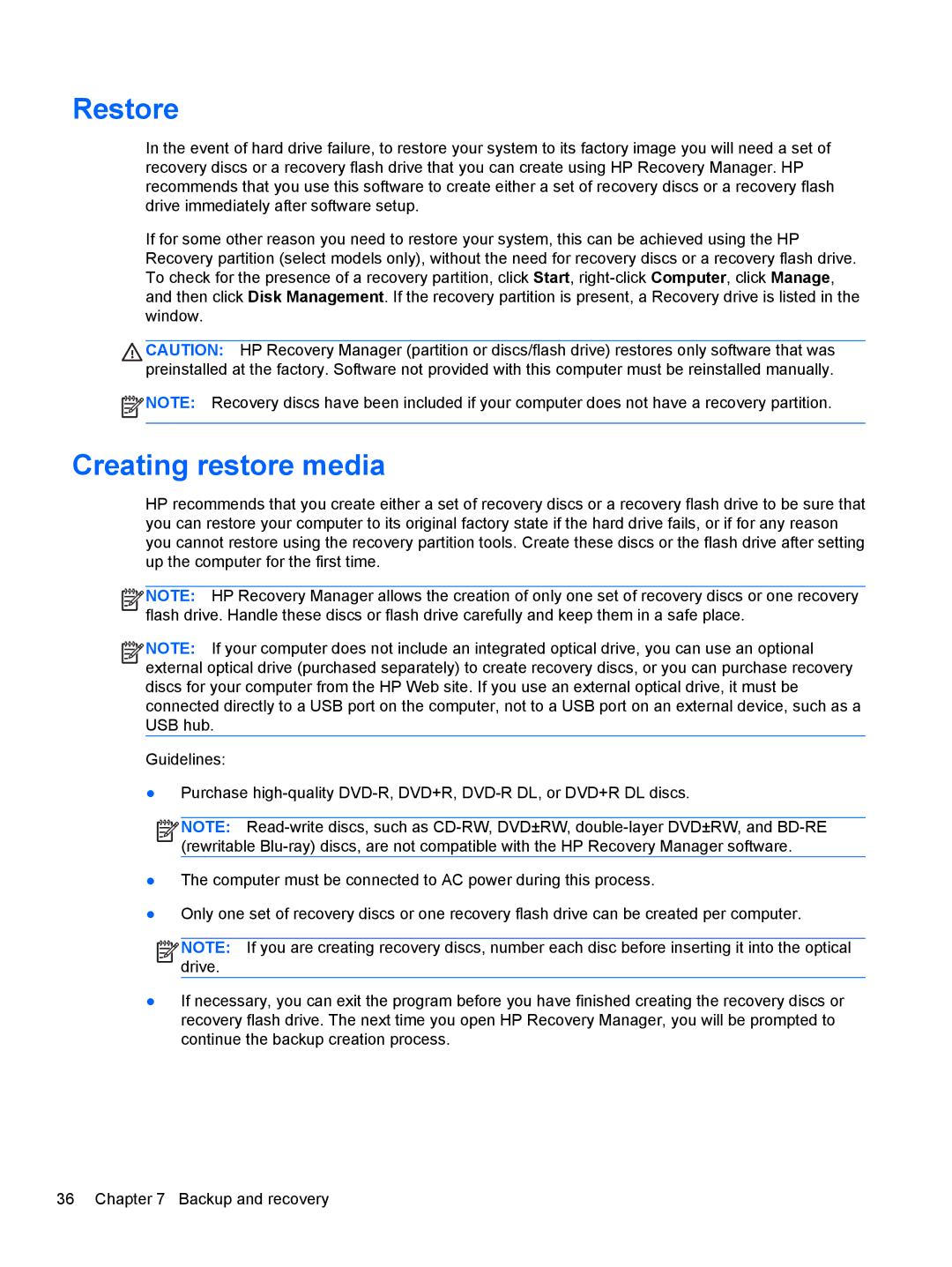 HP CQ57-439WM, CQ57-489WM, CQ57-410US manual Restore, Creating restore media 