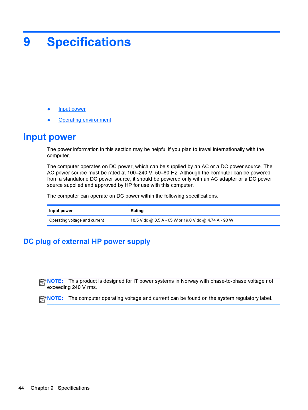 HP CQ57-410US, CQ57-439WM, CQ57-489WM manual Specifications, Input power, DC plug of external HP power supply 