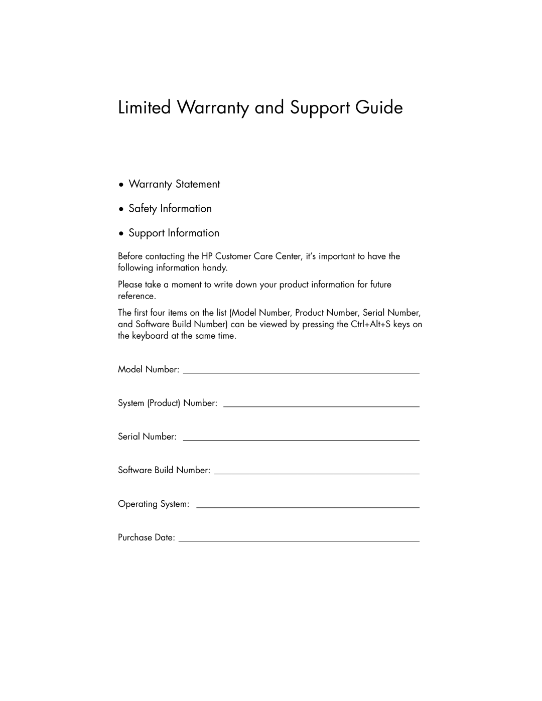HP CQ5725F, CQ5720F, CQ5705P Limited Warranty and Support Guide, Warranty Statement Safety Information Support Information 