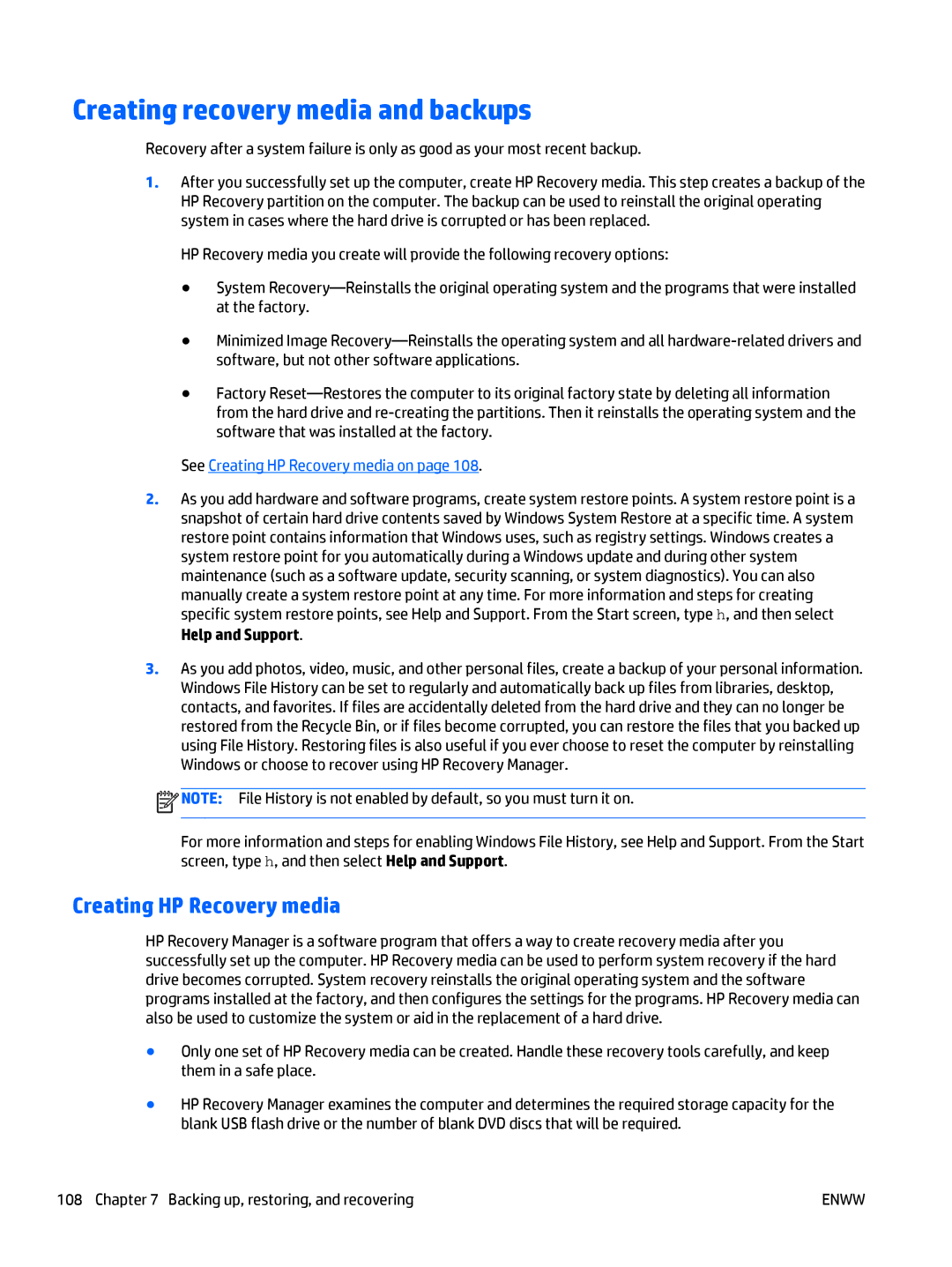 HP CQ58 manual Creating recovery media and backups, Creating HP Recovery media 