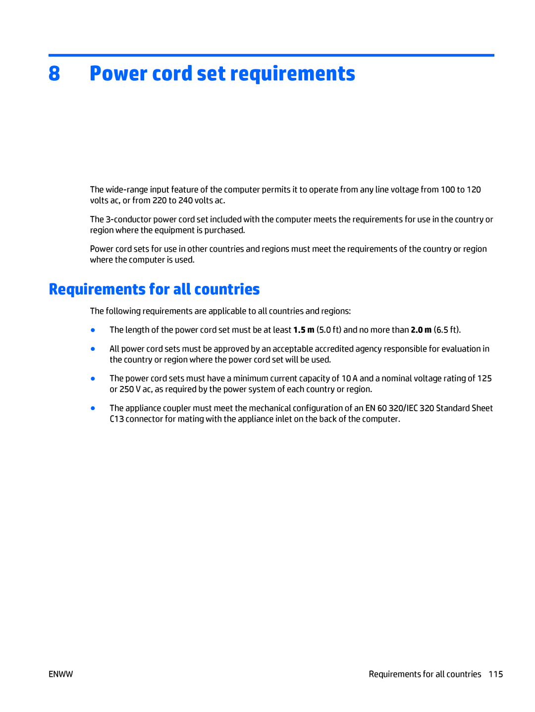 HP CQ58 manual Power cord set requirements, Requirements for all countries 