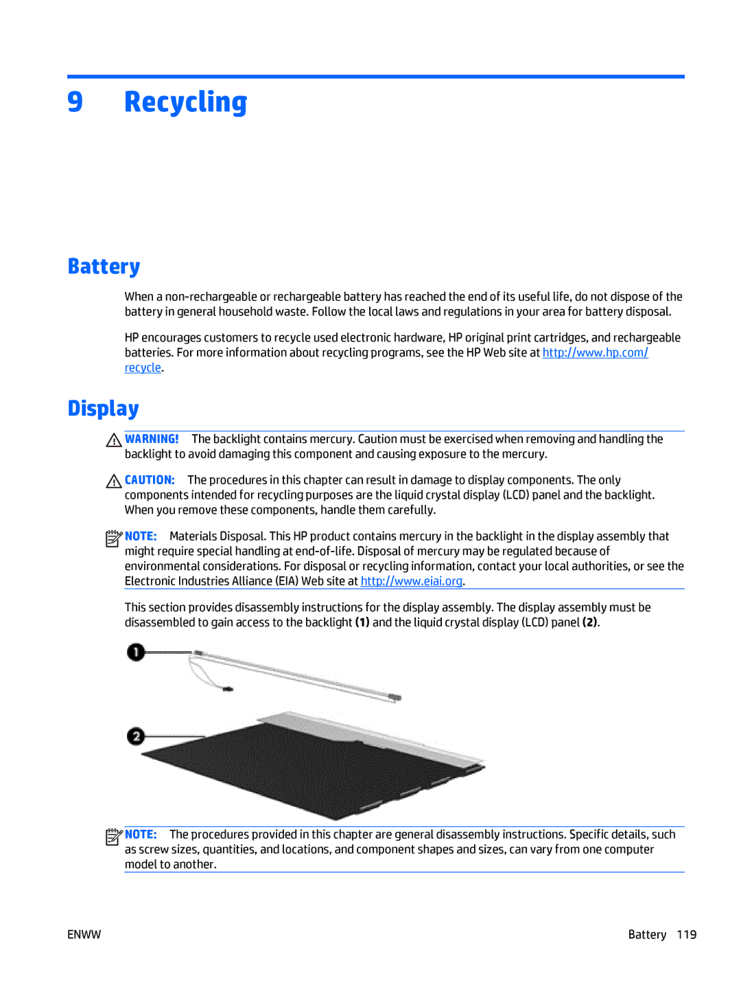 HP CQ58 manual Recycling, Battery 