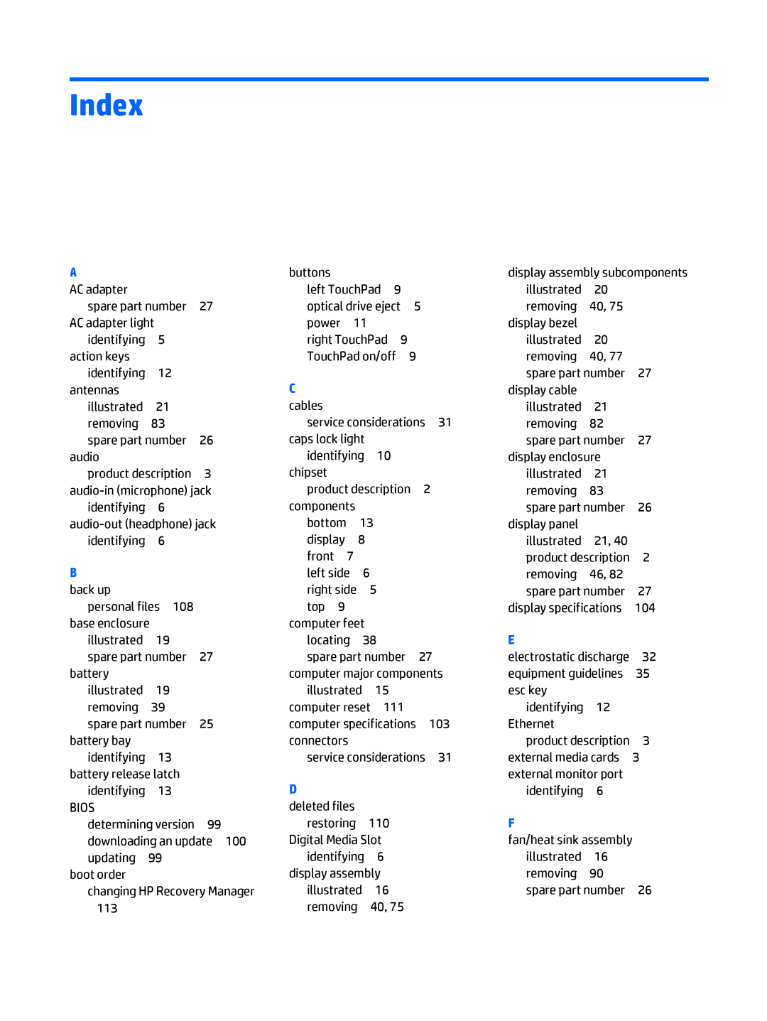 HP CQ58 manual Index, Bios 