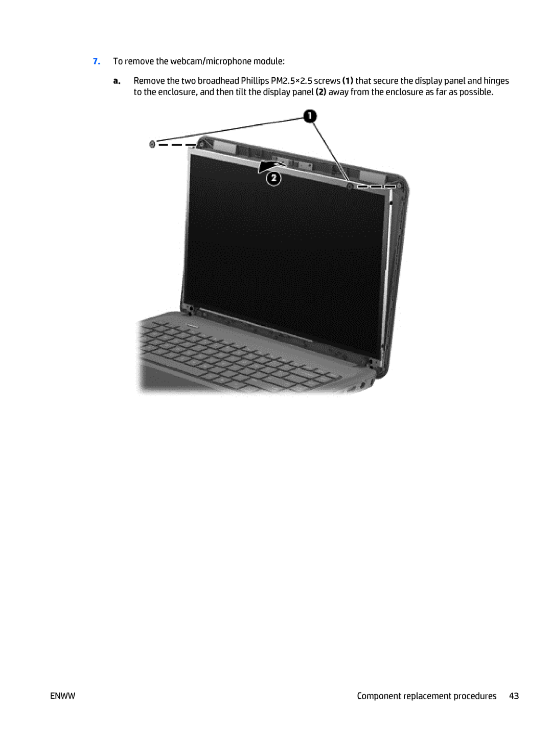 HP CQ58 manual To remove the webcam/microphone module 