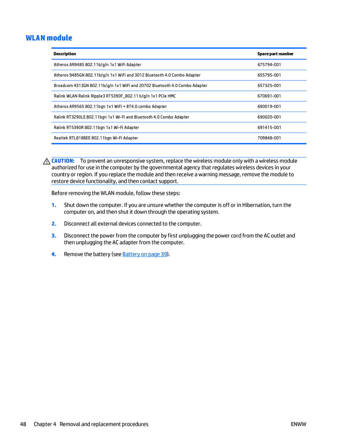 HP CQ58 manual Wlan module, Description Spare part number 