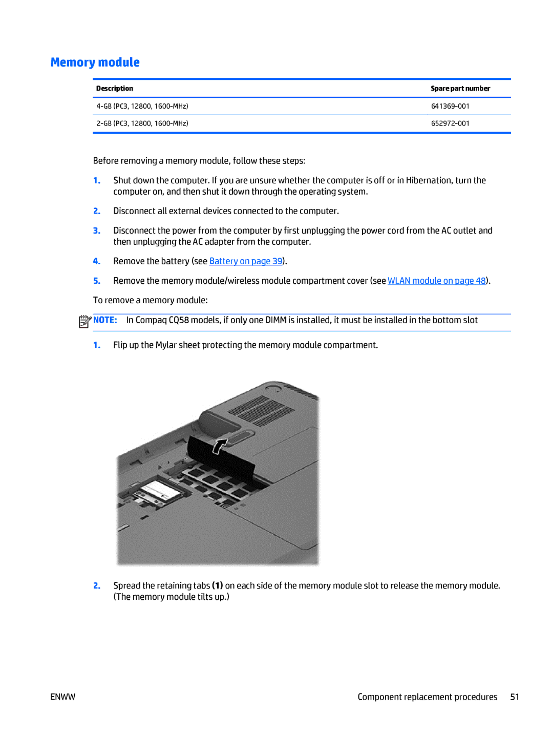 HP CQ58 manual Memory module, Description Spare part number 