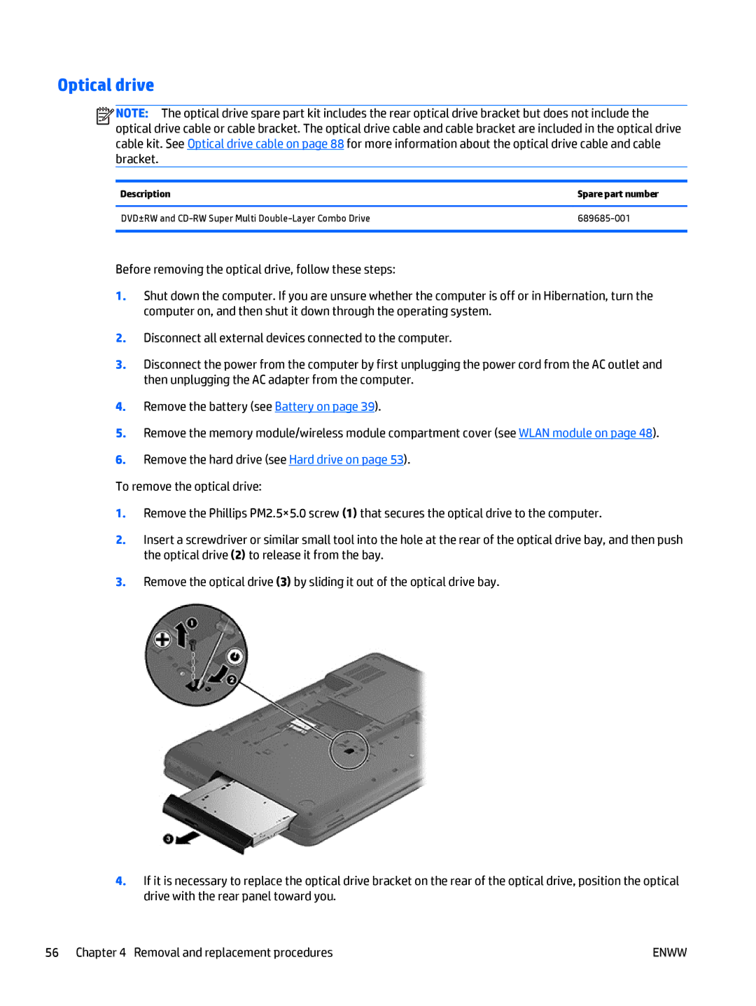 HP CQ58 manual Optical drive, Description Spare part number 