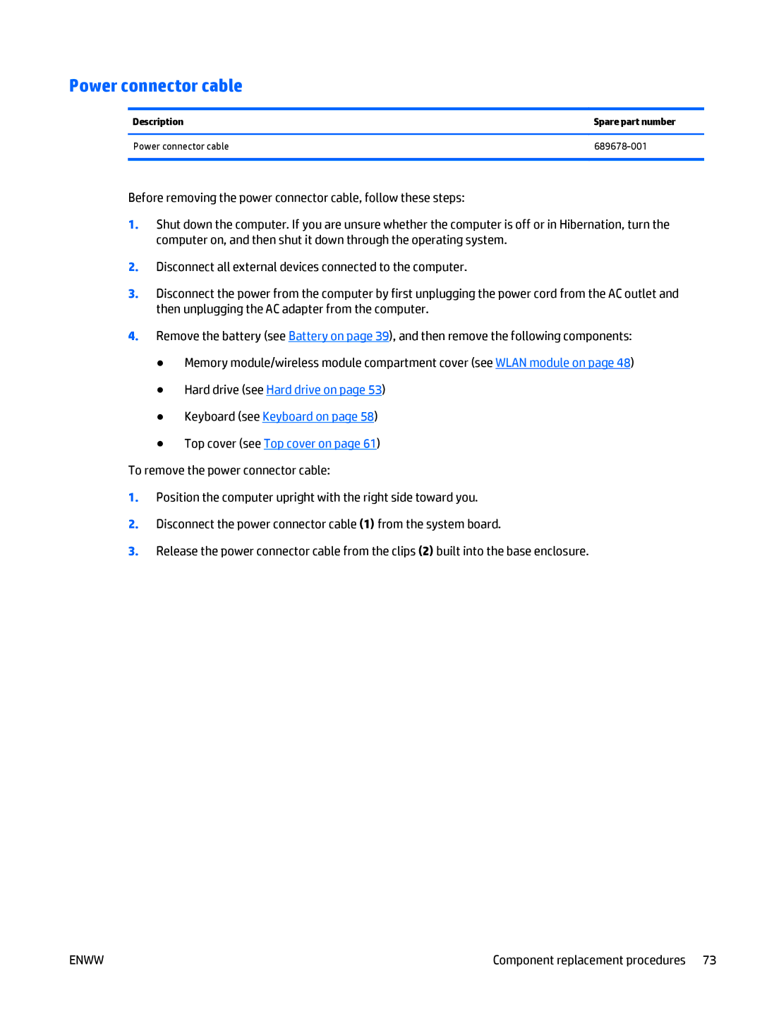 HP CQ58 manual Power connector cable 