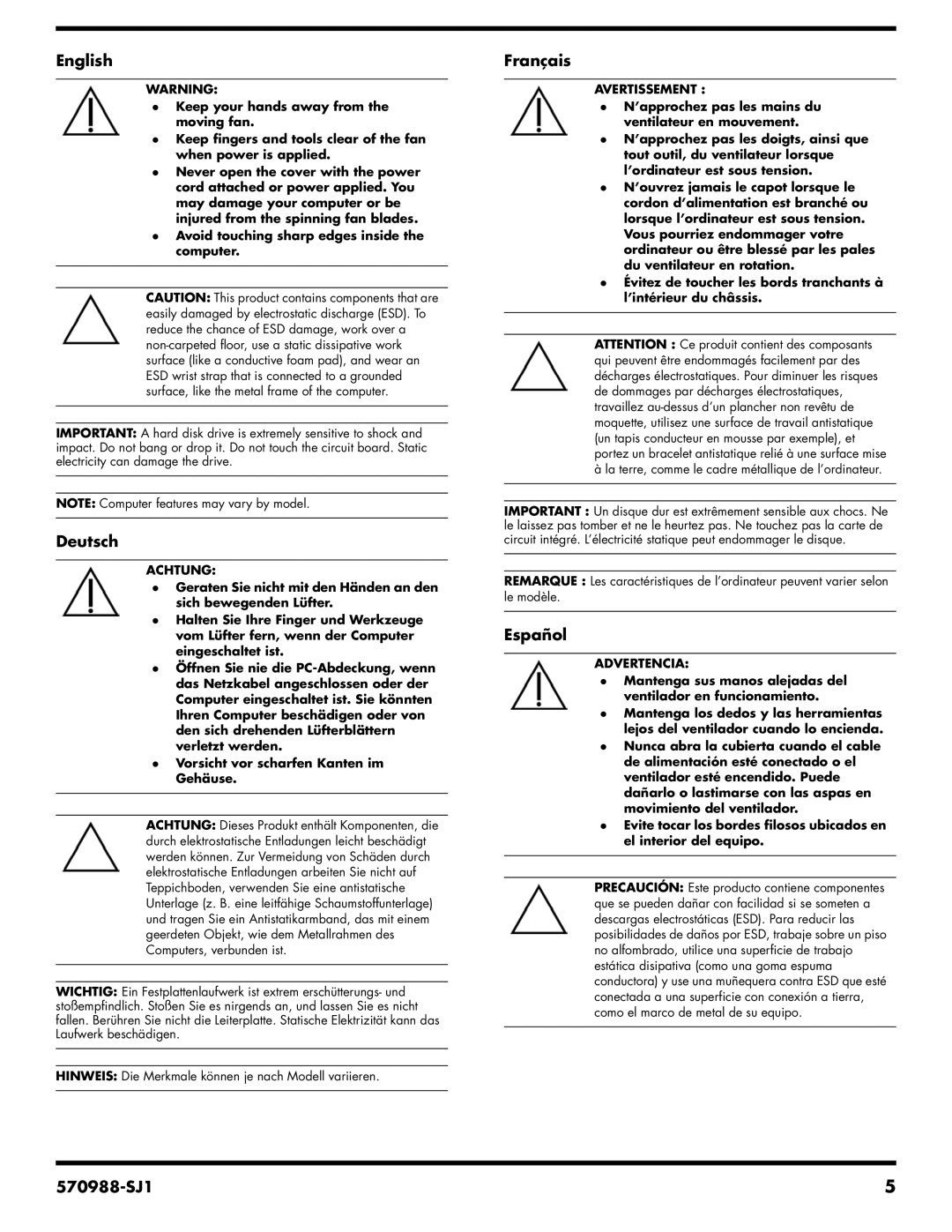 HP CQ5705P, CQ5802, CQ5814, CQ5811, CQ5826, CQ5720F, CQ5715F, CQ5700Y, CQ5700F, CQ5110Y manual Achtung, Avertissement, Advertencia 