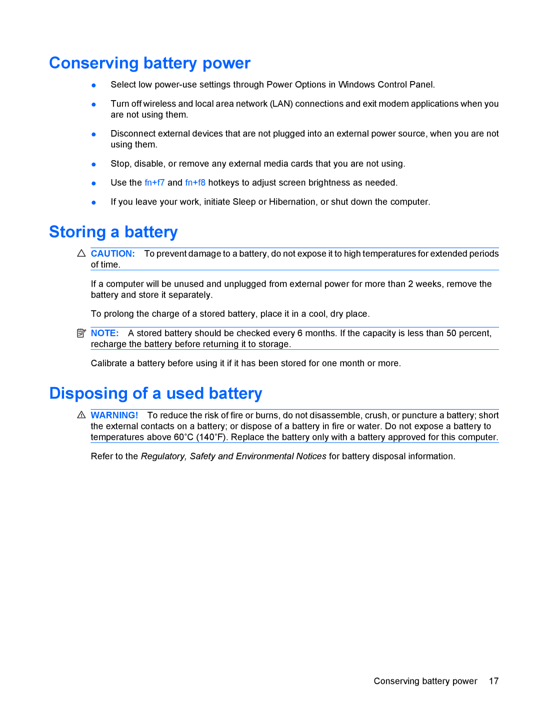 HP CQ60-206AU, CQ60-109TX, CQ60-110AU, CQ60-108TX Conserving battery power, Storing a battery, Disposing of a used battery 