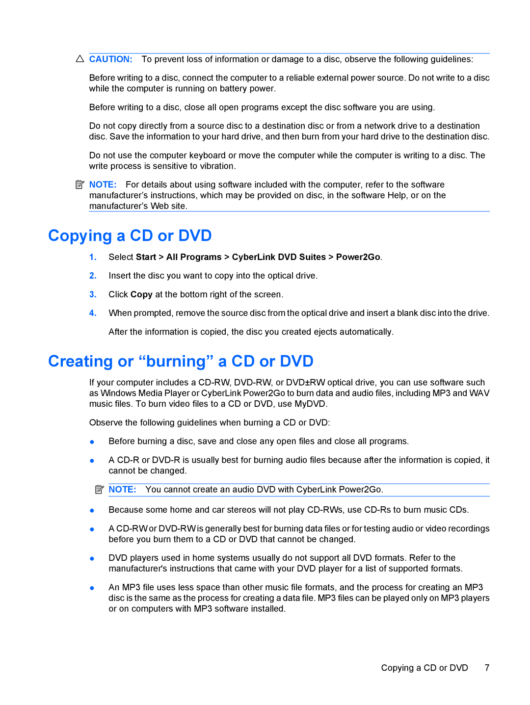 HP CQ60-106TU, CQ60-109TX, CQ60-110AU, CQ60-108TX, CQ60-108TU, CQ60-109TU Copying a CD or DVD, Creating or burning a CD or DVD 