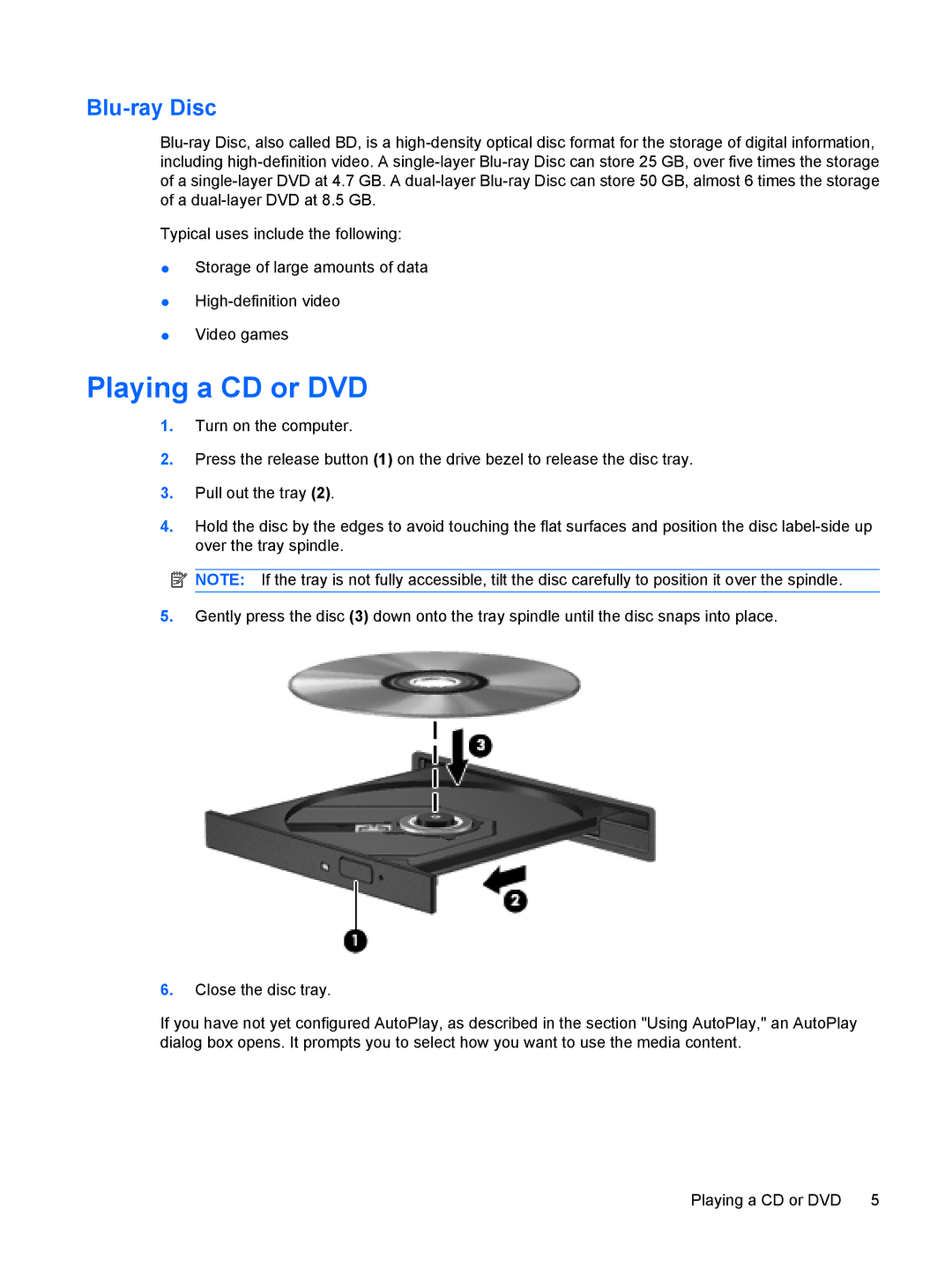 HP CQ60-107TU, CQ60-109TX, CQ60-110AU, CQ60-108TX, CQ60-108TU, CQ60-109TU, CQ60-107TX manual Playing a CD or DVD, Blu-ray Disc 