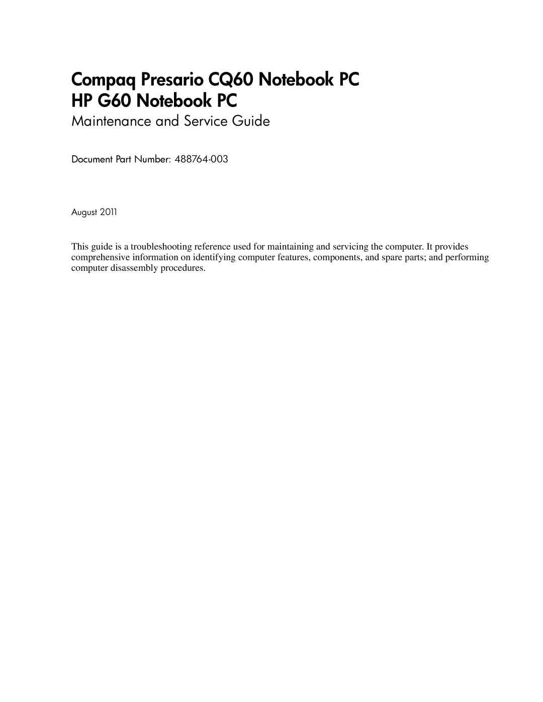 HP CQ60-110AU, CQ60-109TX manual Compaq Presario CQ60 Notebook PC HP G60 Notebook PC, Maintenance and Service Guide 