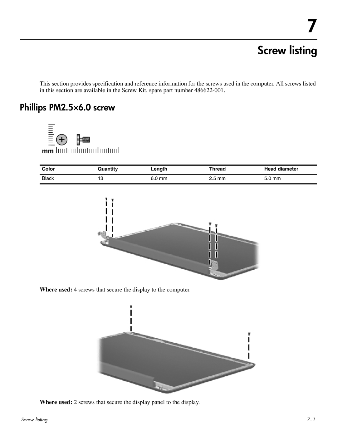 HP CQ60-102XX, CQ60-109TX manual Screw listing, Phillips PM2.5×6.0 screw, Color Quantity Length Thread Head diameter Black 