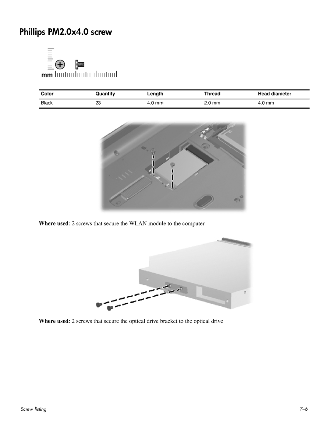 HP CQ60-111TX, CQ60-109TX, CQ60-110AU, CQ60-108TX, CQ60-108TU, CQ60-109TU, CQ60-107TX, CQ60-109AU manual Phillips PM2.0x4.0 screw 