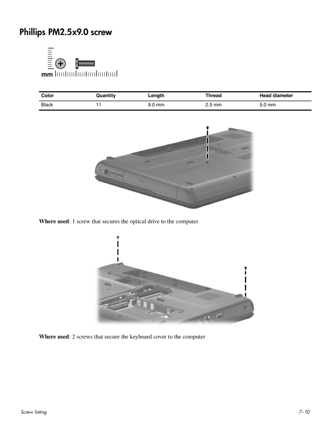 HP CQ60-205TX, CQ60-109TX, CQ60-110AU, CQ60-108TX Phillips PM2.5x9.0 screw, Color Quantity Length Thread Head diameter Black 