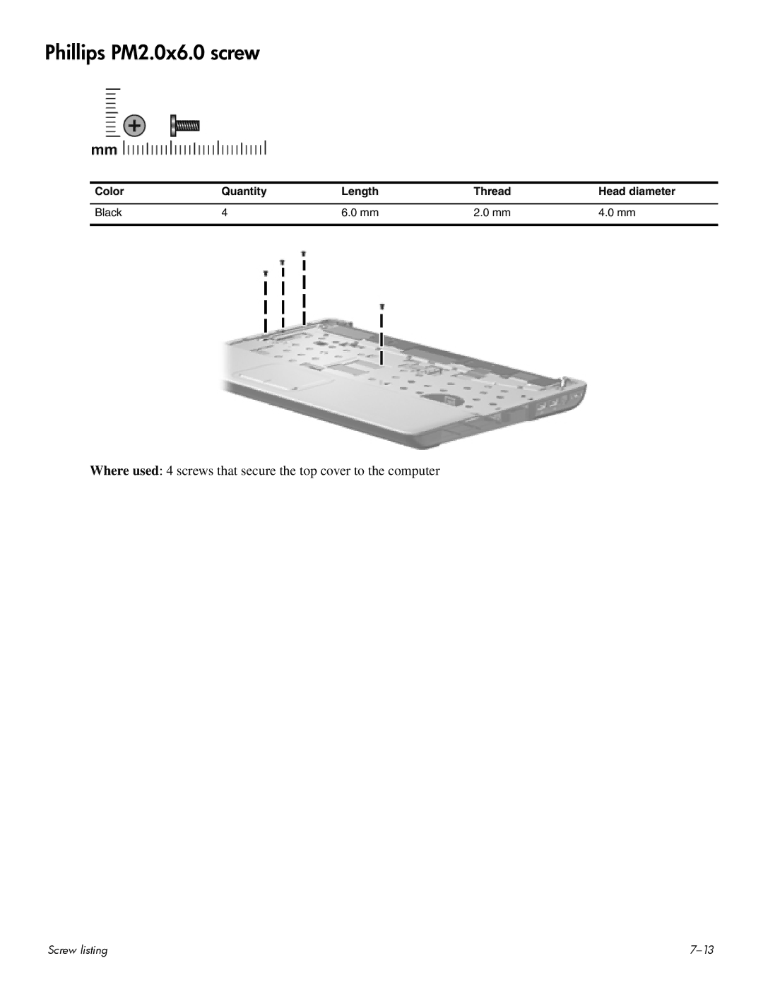 HP CQ60-204AU, CQ60-109TX, CQ60-110AU, CQ60-108TX, CQ60-108TU, CQ60-109TU, CQ60-107TX, CQ60-109AU manual Phillips PM2.0x6.0 screw 