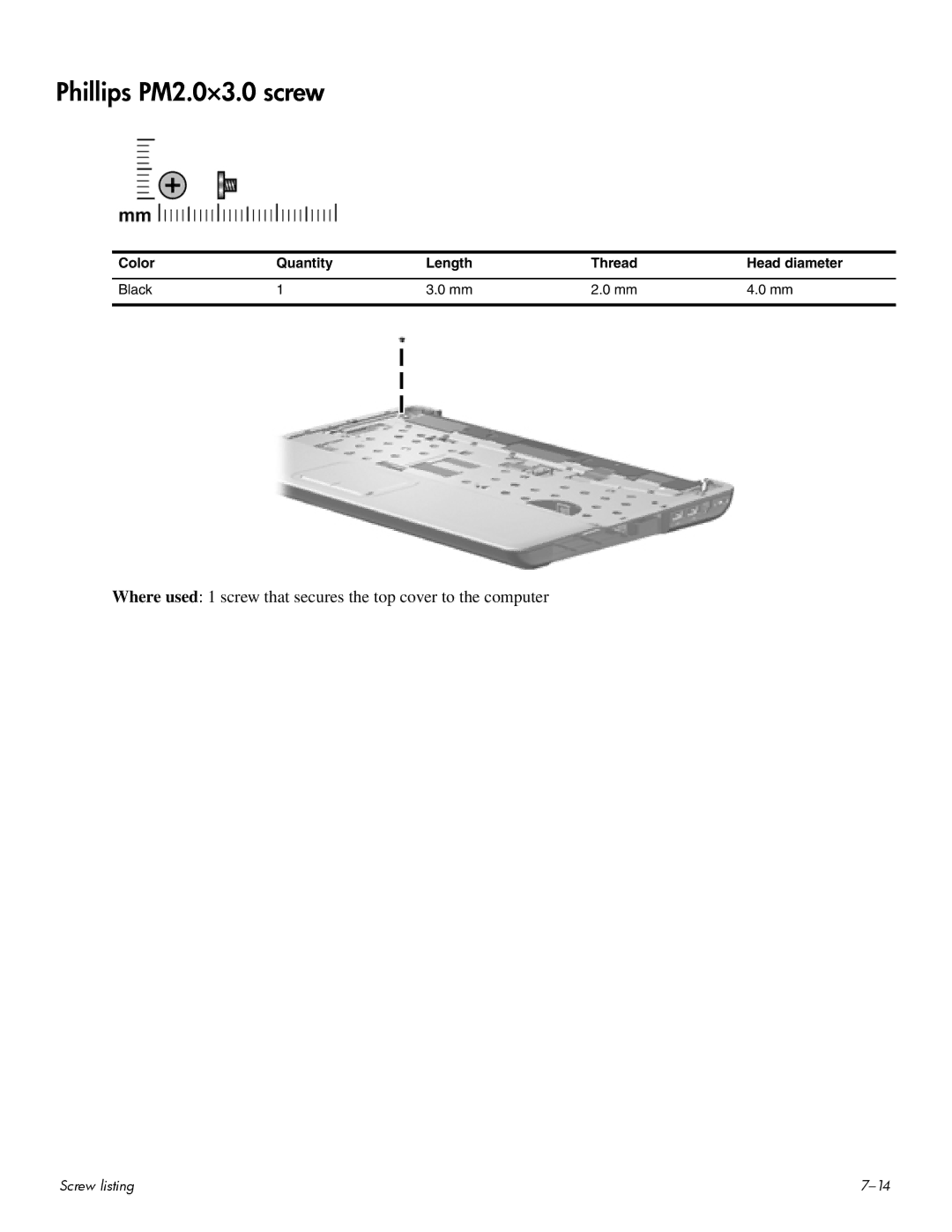 HP CQ60-202US, CQ60-109TX, CQ60-110AU, CQ60-108TX, CQ60-108TU, CQ60-109TU, CQ60-107TX, CQ60-109AU manual Phillips PM2.0×3.0 screw 