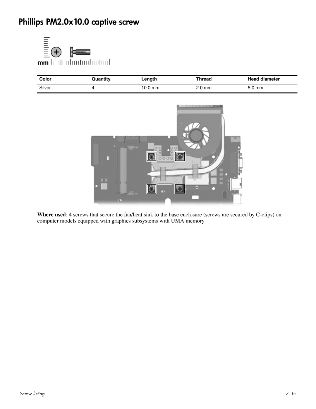 HP CQ60-202TU, CQ60-109TX Phillips PM2.0x10.0 captive screw, Color Quantity Length Thread Head diameter Silver 10.0 mm 