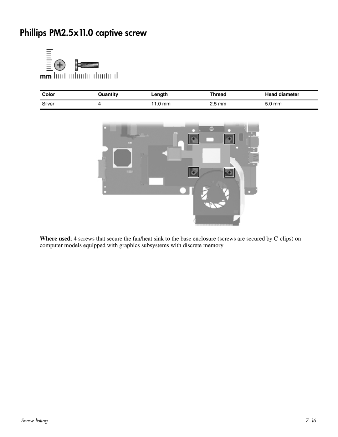 HP CQ60-203AU, CQ60-109TX Phillips PM2.5x11.0 captive screw, Color Quantity Length Thread Head diameter Silver 11.0 mm 