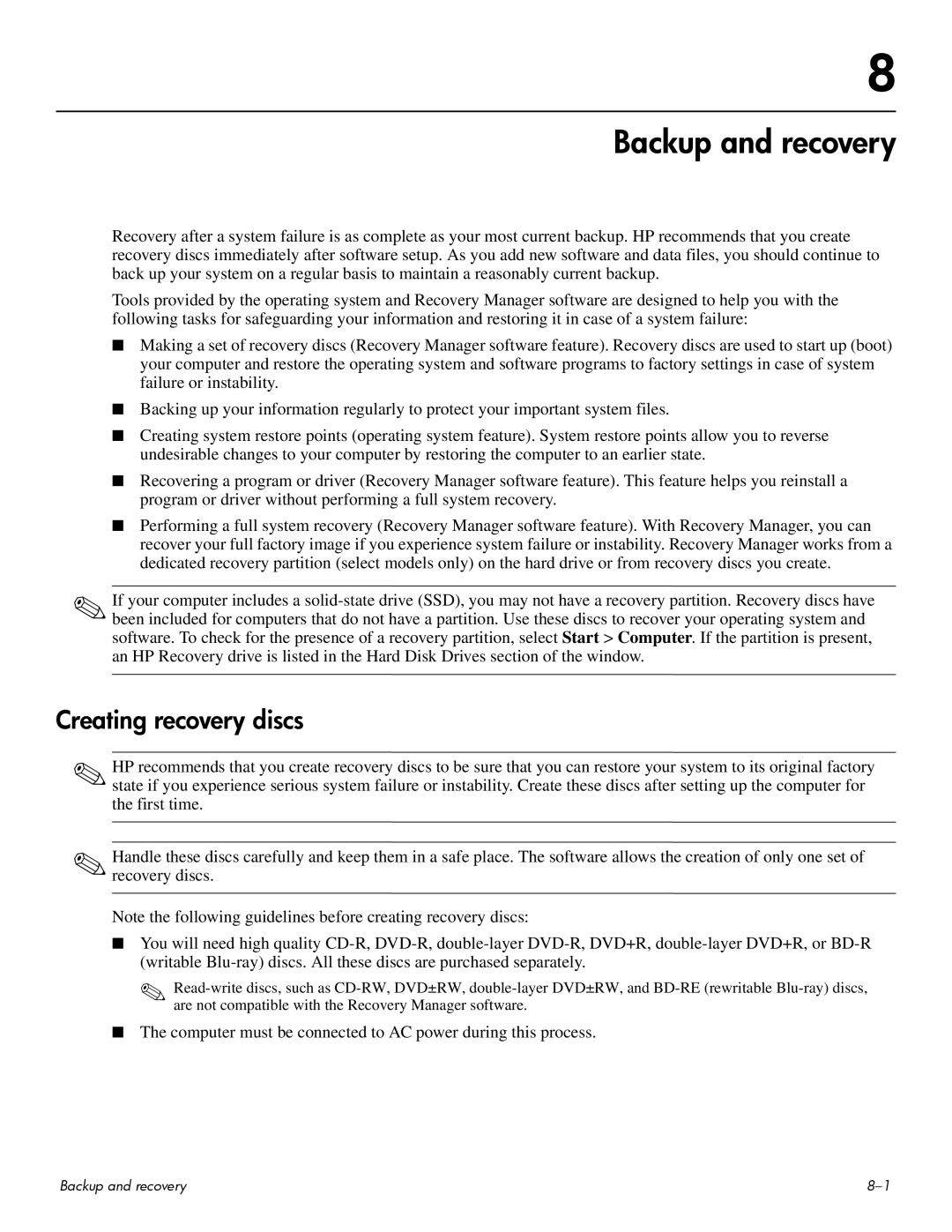 HP CQ60-117TU, CQ60-109TX, CQ60-110AU, CQ60-108TX, CQ60-108TU, CQ60-109TU manual Backup and recovery, Creating recovery discs 