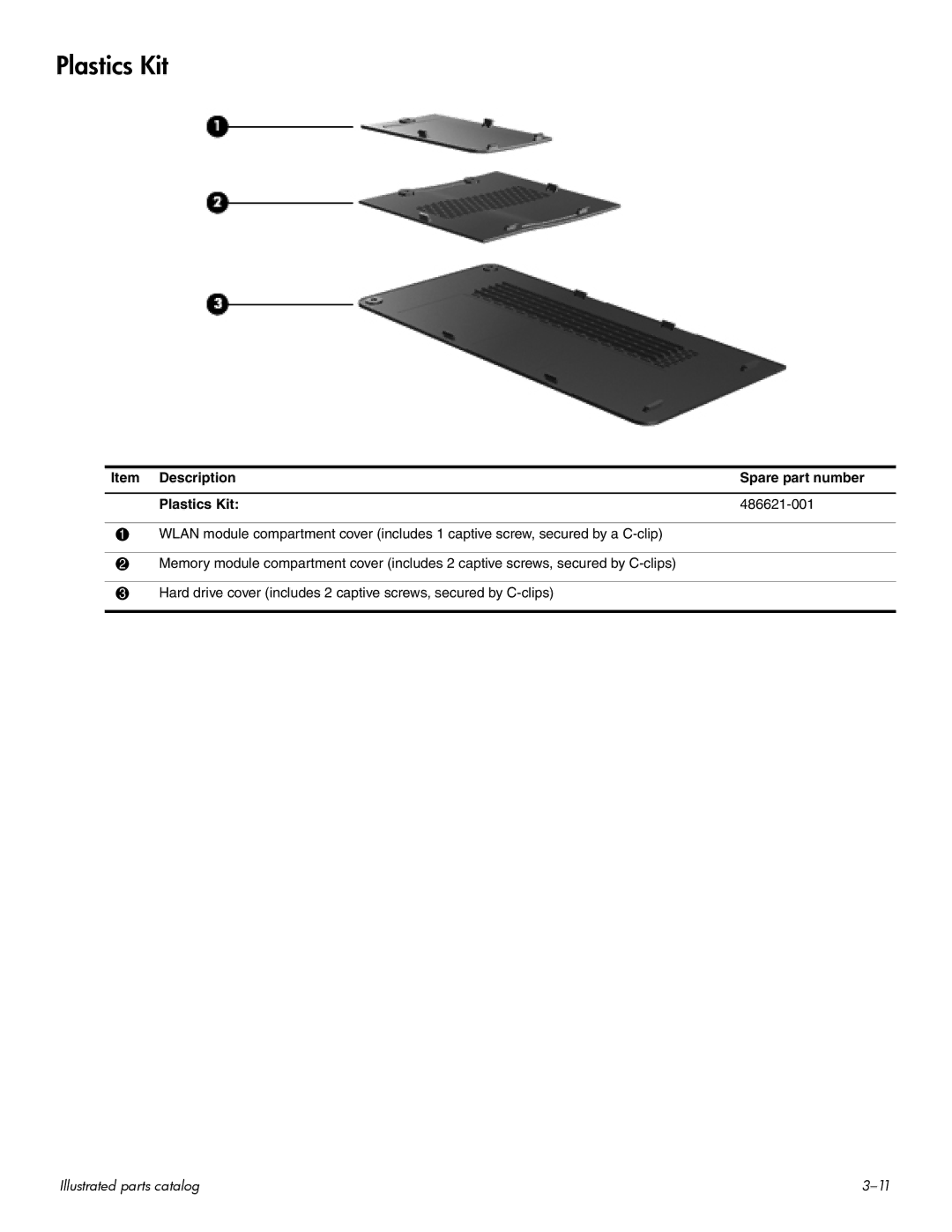 HP CQ60-122TU, CQ60-109TX, CQ60-110AU, CQ60-108TX, CQ60-108TU, CQ60-109TU manual Description Spare part number Plastics Kit 