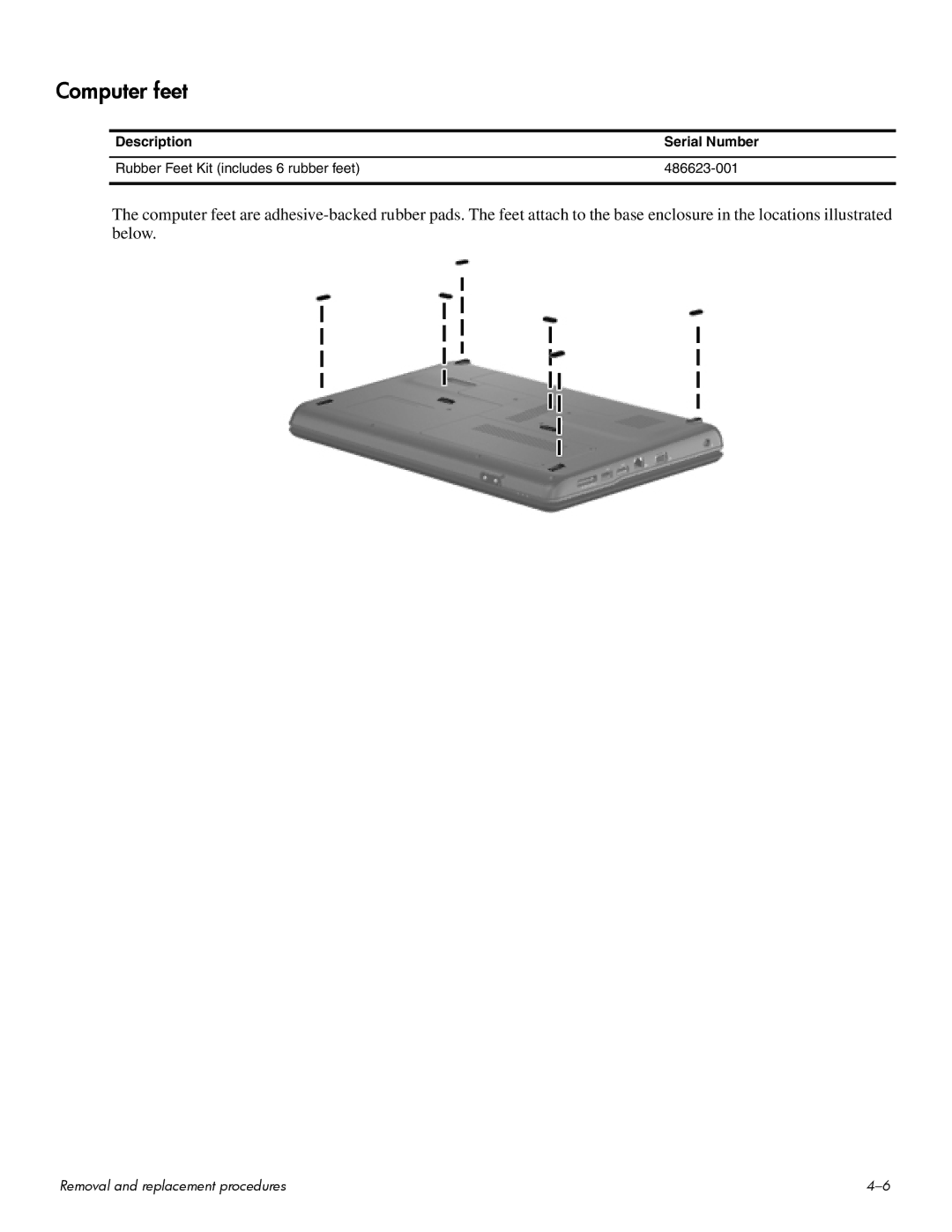 HP CQ60-417NR, CQ60-109TX, CQ60-110AU, CQ60-108TX, CQ60-108TU, CQ60-109TU, CQ60-107TX, CQ60-109AU, CQ60-105TU manual Computer feet 