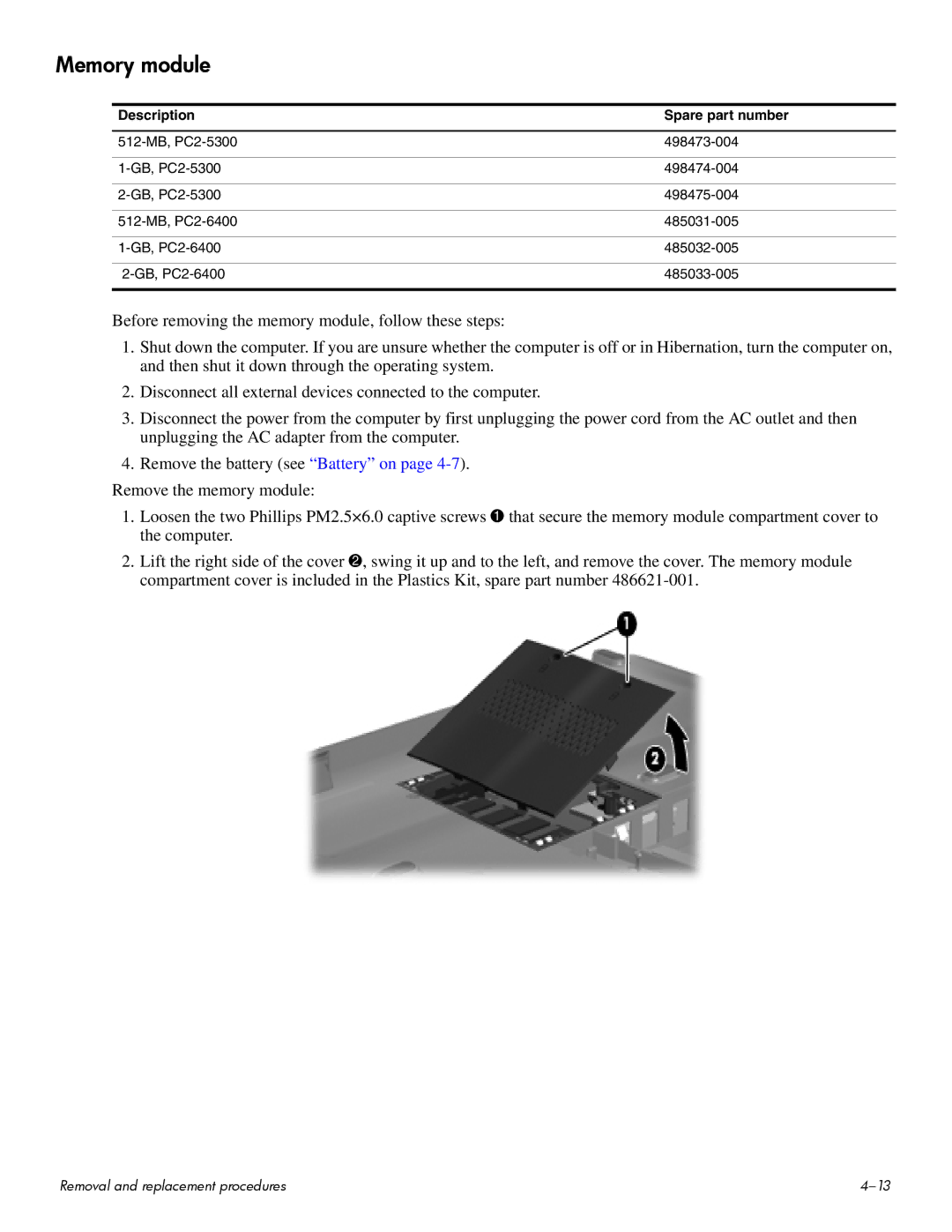 HP CQ60-215TX, CQ60-109TX, CQ60-110AU, CQ60-108TX, CQ60-108TU, CQ60-109TU manual Memory module, Description Spare part number 