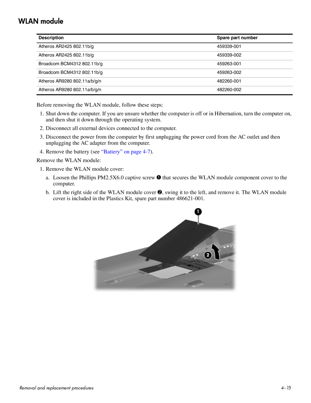 HP CQ60-214DX, CQ60-109TX, CQ60-110AU, CQ60-108TX, CQ60-108TU, CQ60-109TU, CQ60-107TX, CQ60-109AU, CQ60-105TU manual Wlan module 