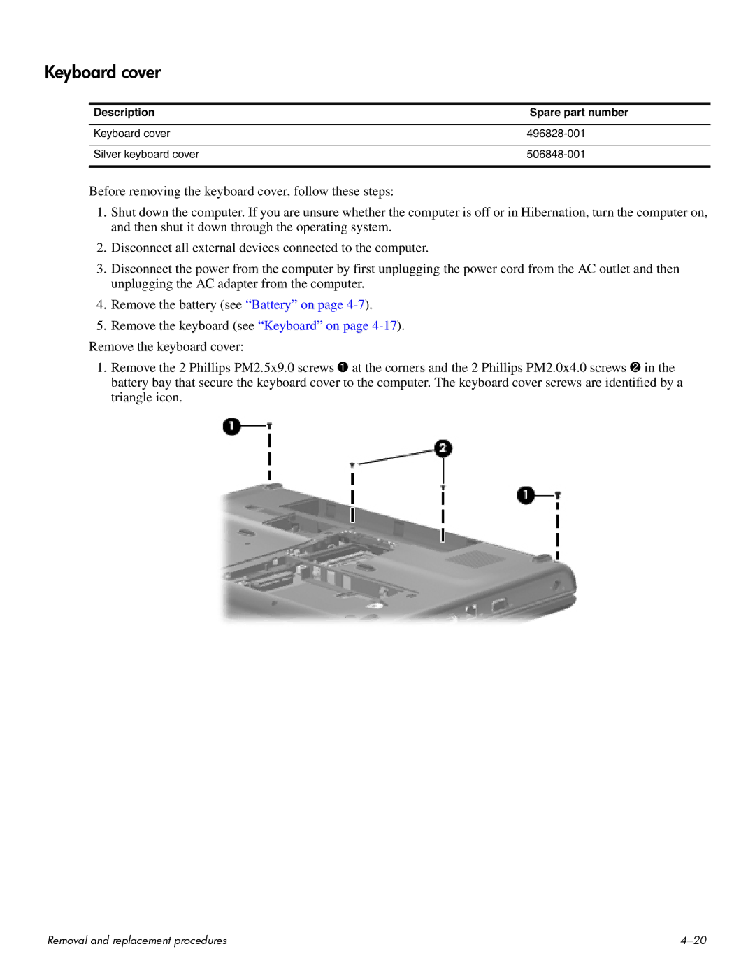 HP CQ60-214TU, CQ60-109TX, CQ60-110AU, CQ60-108TX, CQ60-108TU, CQ60-109TU manual Keyboard cover, Description Spare part number 